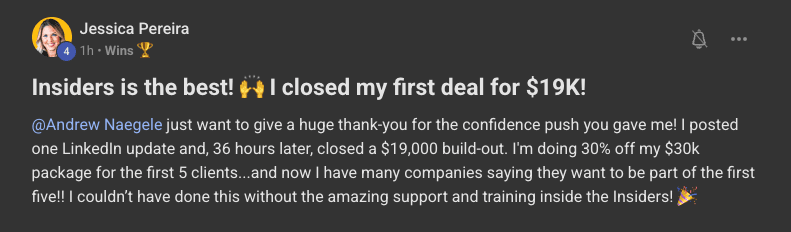 Jessica Pereira’s original LinkedIn post about closing her first deal