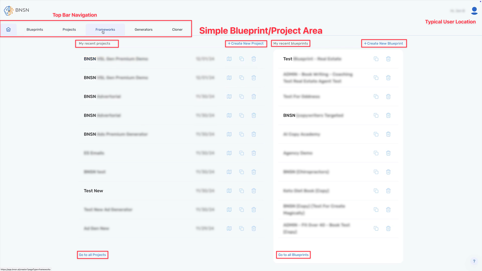 The original BNSN home screen with red annotations marking the top bar navigation, the blueprint and project area, and the typical user location.